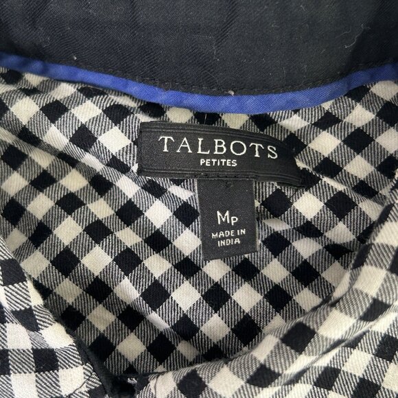 Talbots Button Front Top Petite M MP Black White Gingham Check Roll Tab Sleeve - Picture 5 of 11